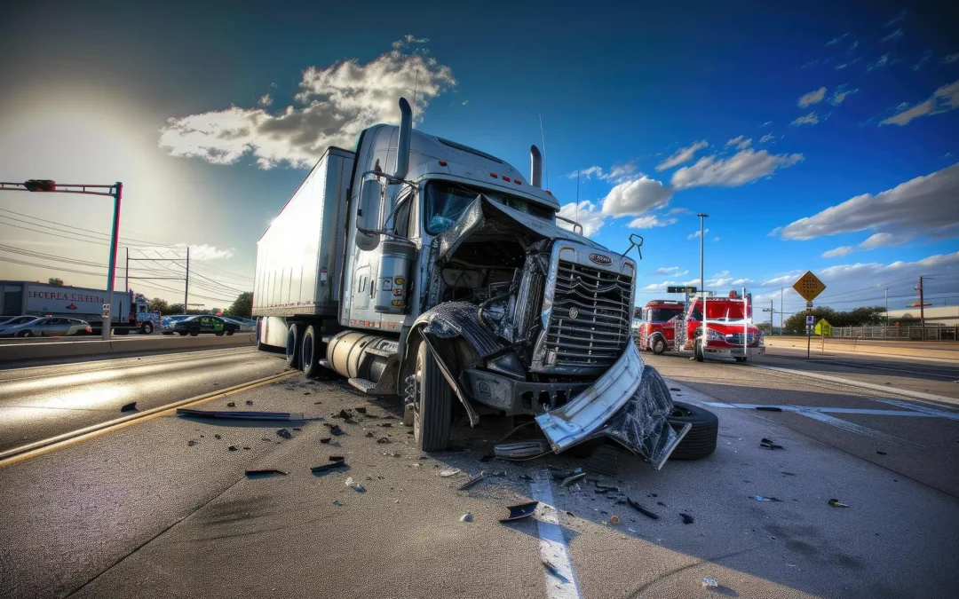 Truck accident on highway with debris scattered.